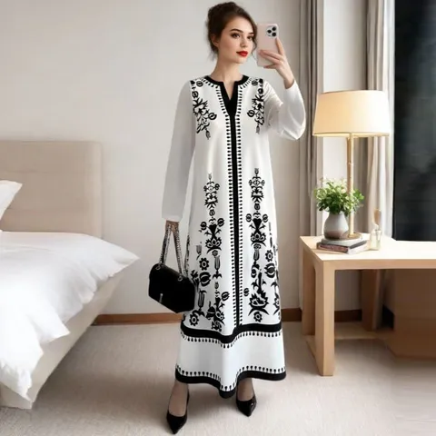 Women Casual Long Sleeve V Neck Maxi Dress Ethnic Geometric Print Vacation Long Dress Elegant Oversized Resort Wear