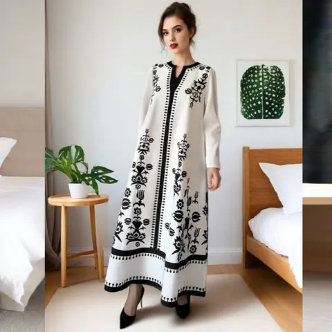 Women Casual Long Sleeve V Neck Maxi Dress Ethnic Geometric Print Vacation Long Dress Elegant Oversized Resort Wear