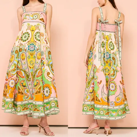 Γυναικείο Casual Cotton Linen Slip Dress Vintage Graffiti Print Square Neck Sleeveless Midi Dress Vacation Beachwear