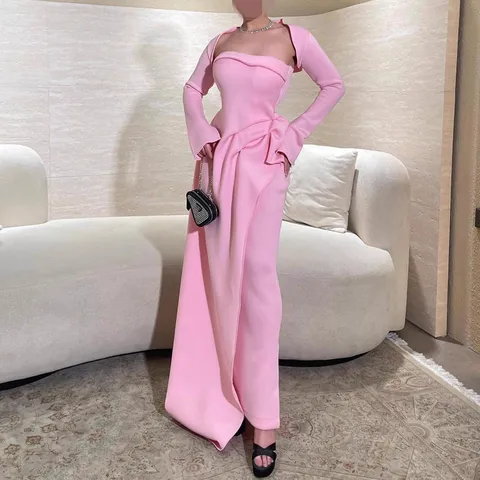 Women Elegant Off Shoulder Strapless Split Maxi Dress And Long Sleeve Shawl Two Piece Set Socialite Banquet Outfit