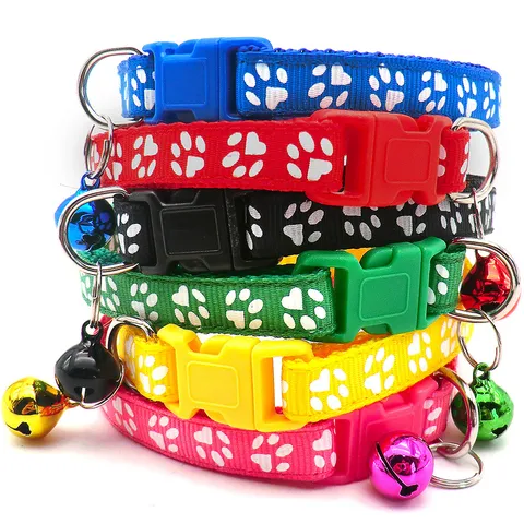 Pet Collar Cartoon Paw Print Adjustable Nylon Puppy Cat Neck Strap with Bell