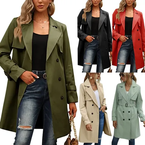 Donne Moda Doppiopetto Cinturata Vestibilità Slim Trench Coat Revers Manica Lunga Elegante Casual Capospalla