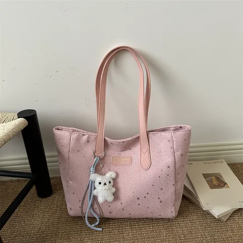 Vrouwen Mode Ster Afdrukken Tote Bag Grote Capaciteit Schoudertas Casual Polyester Pendelaar Handtas Elegante Met Pluche Hanger