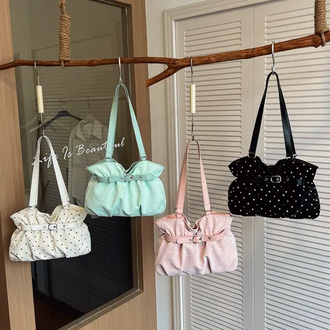 Korean Polka Dot Pleated Shoulder Bag For Women PU Leather Tote Bag Fashion Simple Commuting Crossbody Bag Pearl Bow Pendant