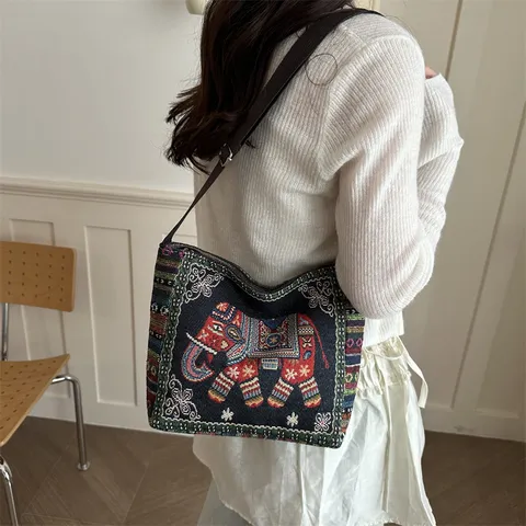 Damen Ethno-Stil Bestickte Segeltuch Umhängetasche Vintage Tier Muster Brokat Tote Bag Lässige Handtasche Kleine Kuriertasche