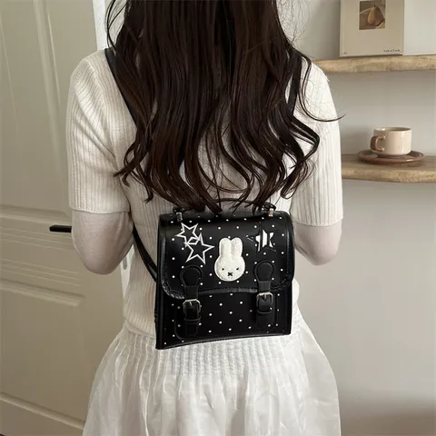 Sac à Dos Femme Style ins Coréen à Pois en Cuir PU Grande Capacité Sac d'École Doux Broderie Lapin Étoile Sac de Voyage