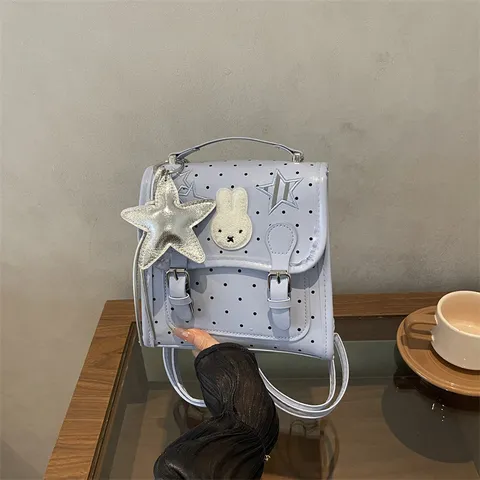 Sac à Dos Femme Style ins Coréen à Pois en Cuir PU Grande Capacité Sac d'École Doux Broderie Lapin Étoile Sac de Voyage