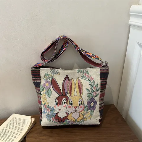 Ethno-Stil Doppelseitig Bestickte Tote Bag Für Damen Große Kapazität Leinwand Schultertasche Mit Buntem Riemen Elefantenmuster