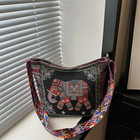 Damen Ethno-Stil Bestickte Tragetasche Brokat Segeltuch Schultertasche Große Kapazität Umhängetasche Mit Gurtband