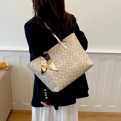 Women Large Capacity Tote Bag Fashion Luxury Monogram PU Leather Shoulder Bag With Silk Scarf Casual Handbag For Daily