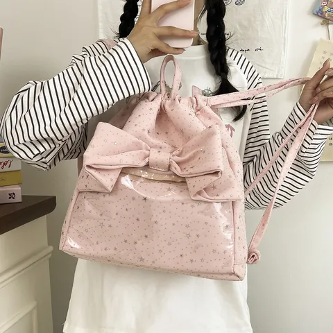 Zaino con Coulisse a Pois e Stelle Stile Coreano Di Nicchia Fiocco Dolce Tasca Trasparente Grande Capacità Leggero Zainetto Scolastico in Poliestere per Adolescenti Donna