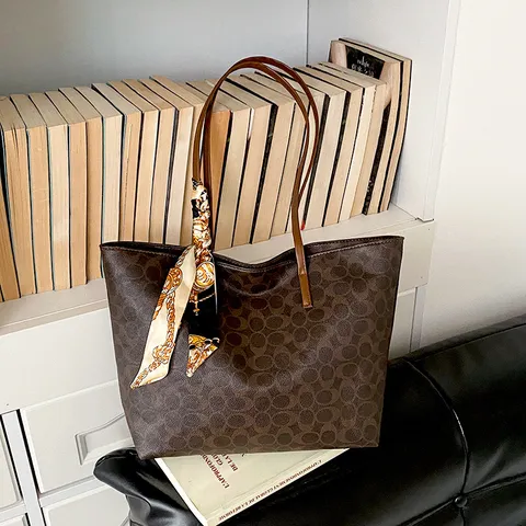 Women Large Capacity Tote Bag Fashion Luxury Monogram PU Leather Shoulder Bag With Silk Scarf Casual Handbag For Daily