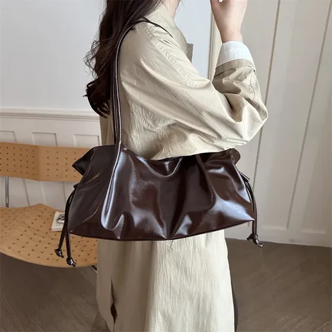 Dames Grote Capaciteit PU Leer Schoudertas Slouchy Plooien Tote Bag Trekkoord Woon-Werkverkeer Hobo Tas Voor Kantoor Dagelijks Gebruik Student