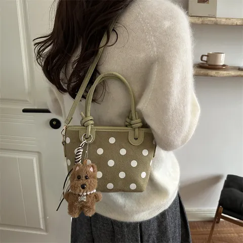 Koreanischer Stil Polka Dot Eimer Tasche für Damen Mode Lässige PU-Leder Schulter Umhängetasche Handtasche Mit Süßem Tieranhänger