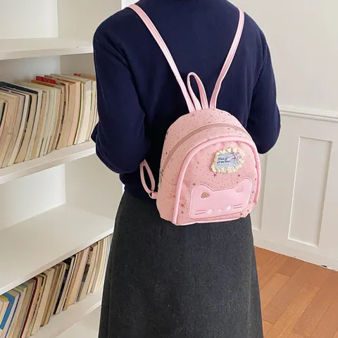 Cute Cartoon Cat Embroidered Small Backpack For Women Star Printed Streetwear Casual School Daypack