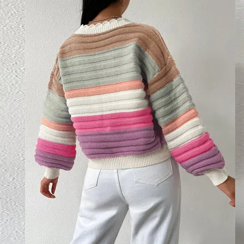 Women's Casual Colorblock Striped V-Neck Lantern Sleeve Knitted Cardigan Autumn Winter Long Sleeve Sweater Outerwear