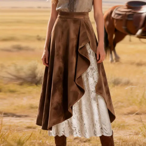Damen Retro Western Stil Wildleder Und Spitze Patchwork Unregelmäßiger Maxirock Hohe Taille Lässiger Streetwear Langer Rock
