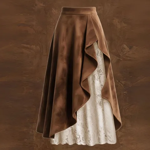 Damen Retro Western Stil Wildleder Und Spitze Patchwork Unregelmäßiger Maxirock Hohe Taille Lässiger Streetwear Langer Rock