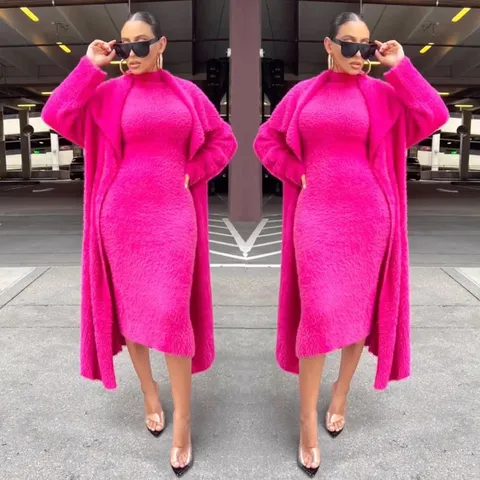 Γυναικείο Winter Casual Cardigan Coat And Long Sleeve Dress Two Piece Set Fleece Knitted Outfits With Belt