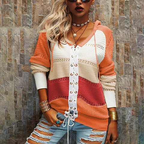 Women Casual Colorblock Patchwork Hooded Cardigan Sweater Long Sleeve Lacing Knitted Outerwear Winter Fashion