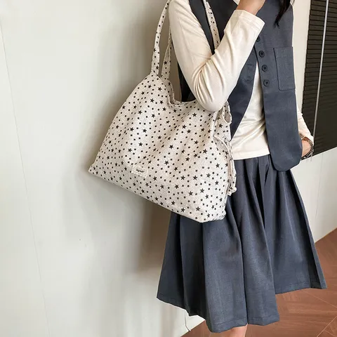 Korean Lazy Style Casual Pleated Canvas Tote Bag Star Leopard Polka Dot Printed Shoulder Bag For Women Urban Minimalist Big Handbag Daily Matching