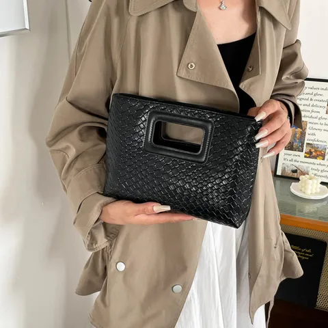 Borsa a Mano in Pelle PU Intrecciata Pochette da Sera Con Manico Intagliato Elegante Borsa a Tracolla da Matrimonio