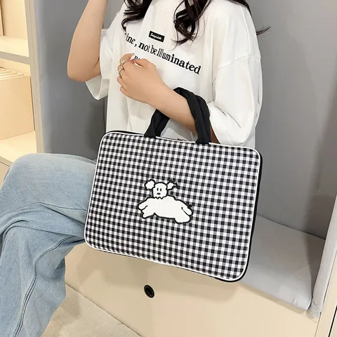 Borsa a Mano per Laptop a Scacchiera con Cucciolo Custodia in Nylon Leggera Protettiva Borsa per Computer per Donna