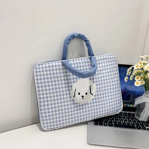 Borsa a Mano per Laptop a Scacchiera con Cucciolo Custodia in Nylon Leggera Protettiva Borsa per Computer per Donna
