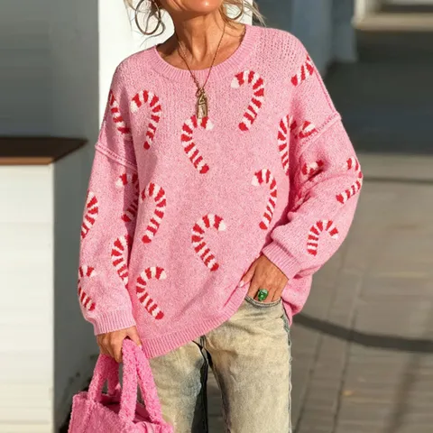 Dames Plus Size Kerst Zuurstok Gebreide Trui Casual Lange Mouw Ronde Hals Trui Winter Losse Tops