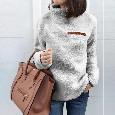 Women Casual Long Sleeve High Neck Fleece Sweatshirt Solid Color Loose Pullover Winter Warm Top With Zipper Pocket