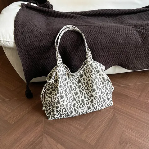 Korean Lazy Style Casual Pleated Canvas Tote Bag Star Leopard Polka Dot Printed Shoulder Bag For Women Urban Minimalist Big Handbag Daily Matching