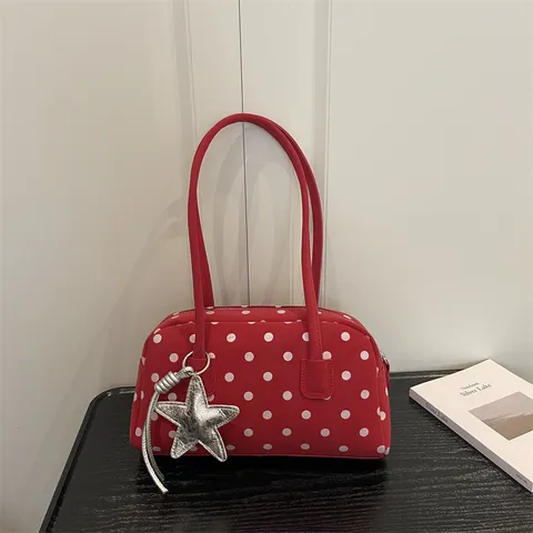 Women Korean Polka Dot Shoulder Bag PU Leather Boston Pillow Underarm Bag Chic Small Tote Handbag Daily Commute Purse for Girls