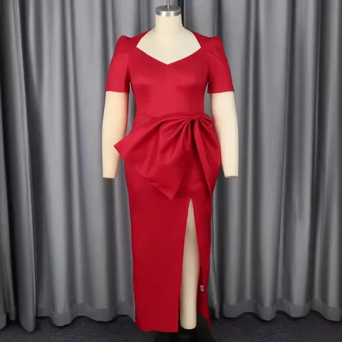 Robe Midi Élégante pour Femme Col V Manches Courtes Couleur Unie Nœud Patchwork Fente Robe de Soirée de Banquet