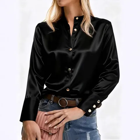 Women Elegant Satin Shirt Stand Collar Long Sleeve Blouse Solid Color Office Casual Top With Metal Buttons Work Wear