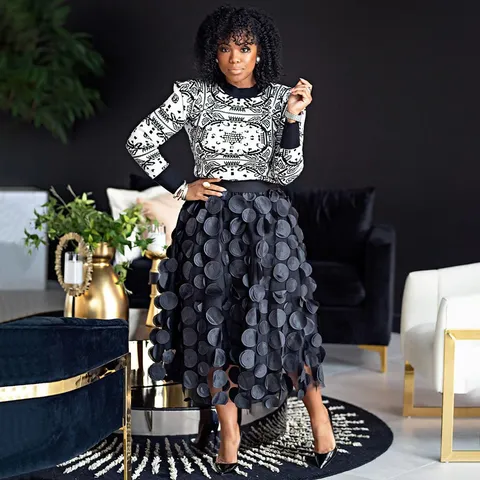 Plus Size Women 3D Polka Dot Black Mesh Skirt High Waist Elegant Tulle Midi Flare Skirt Oversized Commuter Bottoms