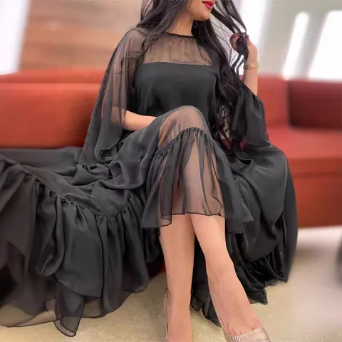 Vrouwen Sexy Zwart Mesh Cape Avondjurk Elegant Ruffles Patchwork Sheer Lange Mouw Maxi Jurk Voor Party Banket