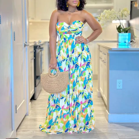 Dames Sexy Bedrukte Jumpsuit Strapless Off-shoulder Hoge Taille Wijde Pijpen Geplisseerd Romper Uit Één Stuk Elegante Party Wear
