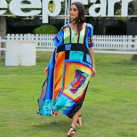Women Bohemian Artistic Geometric Face Print V Neck Maxi Dress Summer Beach Kaftan Sun Protection Cover Up Vacation Robe