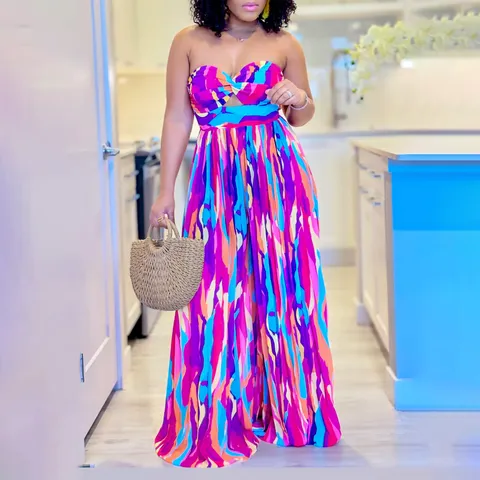 Dames Sexy Bedrukte Jumpsuit Strapless Off-shoulder Hoge Taille Wijde Pijpen Geplisseerd Romper Uit Één Stuk Elegante Party Wear