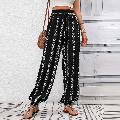 Dames Boho Harembroek Geometrische Print Hoge Taille Trekkoord Losse Wijde Pijpen Broek Casual Streetwear Zomer Strandbroek