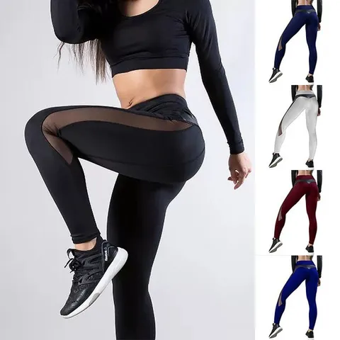 Women Sexy Mesh PU Leather Patchwork Yoga Pants High Waist Booty Lifting Leggings Breathable Sporty Casual Bottom Trousers