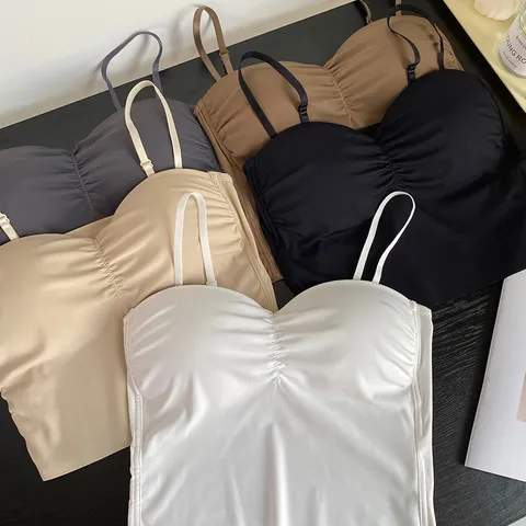 Women Ice Silk Camisole Padded Bra Top Seamless V-Neck Backless Base Underwear Versatile Slim Fit Lingerie