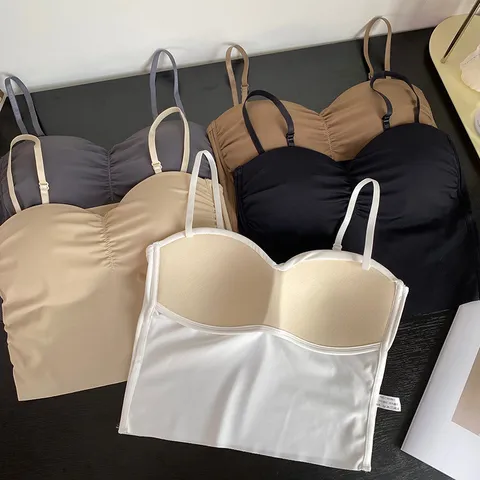 Women Ice Silk Camisole Padded Bra Top Seamless V-Neck Backless Base Underwear Versatile Slim Fit Lingerie