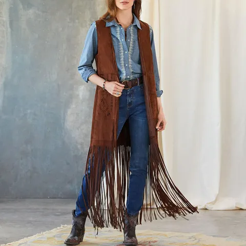 Ethnic Women Fashion Long Fringe Vest Suede Feel Sleeveless Open Front Tassel Waistcoat Outerwear For Women