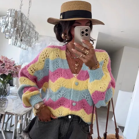 Women's Wave Pattern Color Block Hollow Out Knitted Cardigan V-Neck Long Sleeve Sweater With Heart Buttons Loose Casual Top