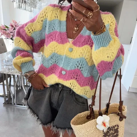 Women's Wave Pattern Color Block Hollow Out Knitted Cardigan V-Neck Long Sleeve Sweater With Heart Buttons Loose Casual Top