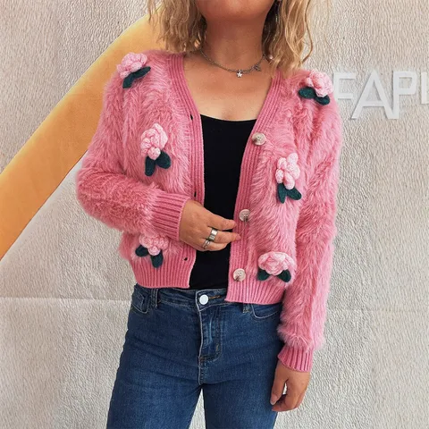 Süße Damen Strickjacke mit 3D-Blumen Herbst Winter Patchwork V-Ausschnitt Langarm Strickpullover Kurz geschnittenes Top