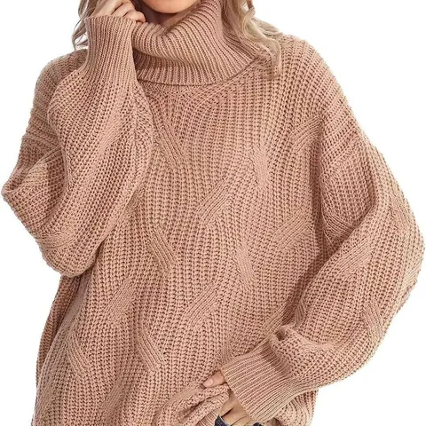 Damen Rollkragen Zopfmuster Pullover Oversize Lässig Acryl Locker Gestrickt Langarm Top Winter Herbst Mode Einfarbig