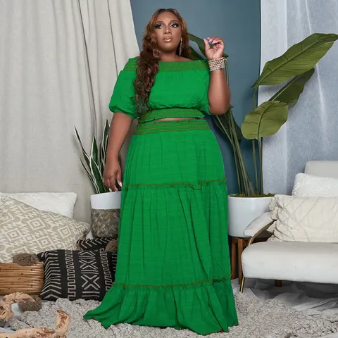 Women Plus Size Sexy Off Shoulder Crop Top And High Waist Tiered Maxi Skirt Two Piece Set Summer Casual Skirt Set Outfits