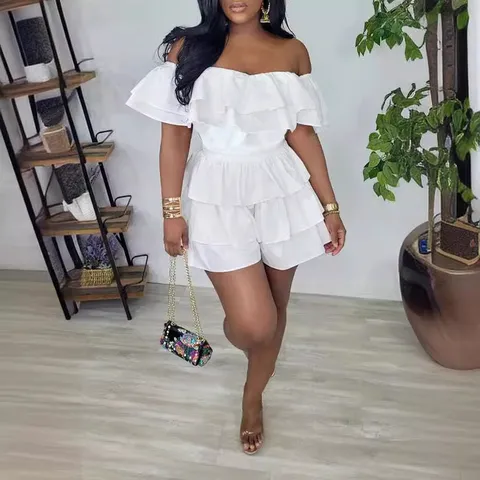 Combishort à Volants Épaules Dénudées Femme Élégante Patchwork Plissé Shorts Combinaison Été Mode Sexy Tenue de Fête Sans Manches